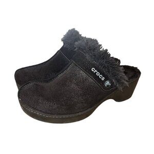 Crocs Shoes Womens 7 Cobbler Mule Clogs Black Suede Faux Fur Trim Wedge 11602
